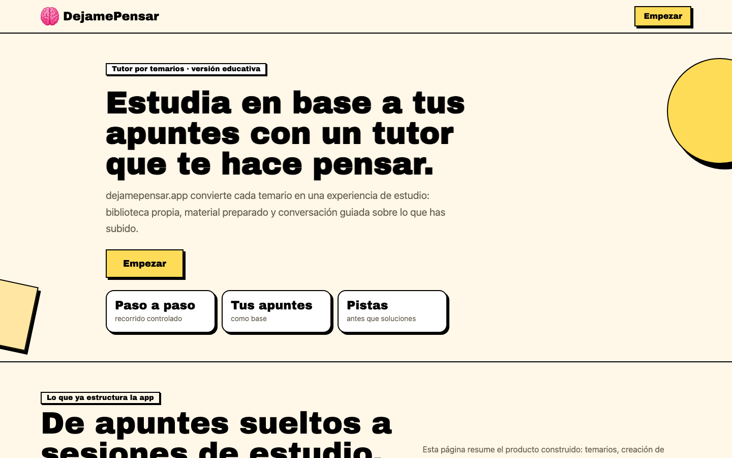 Vista previa de la página de inicio de Déjame Pensar